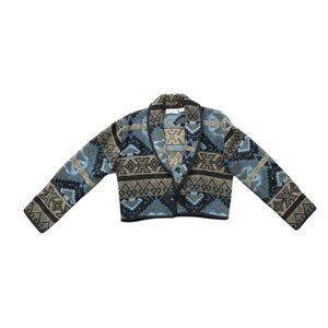 Vintage 90's Flashback Unique Women's Blue Aztec Cropped Tapestry Jacket Size M